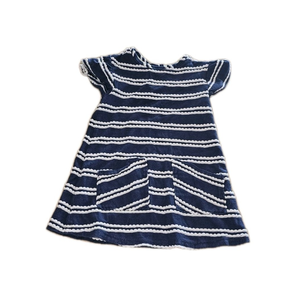 Cat & Jack Girls 2T Navy Striped Pom Pom Knit A-Line Dress Short Sleeve #759